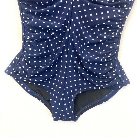 Gabar Polka Dot One Piece Swimsuit Women's 16 Navy Blue Ruched Slimming Classic - Picture 8 of 16